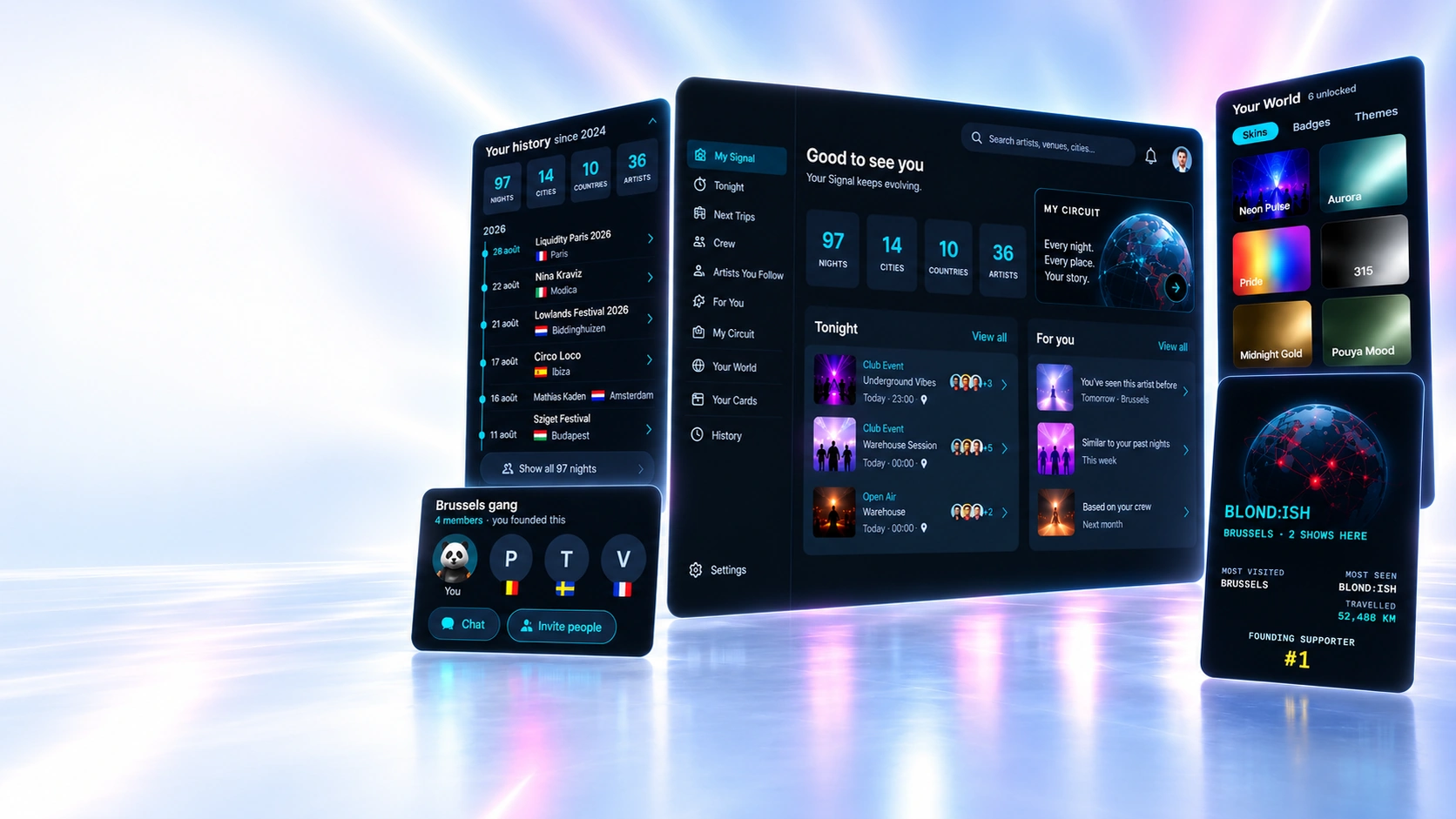 My Signal on desktop: history of nights, dashboard with tonight's events, crew and unlocked themes